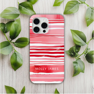 Modern Red White Stripes Personalised Name iPhone 15 Pro Max Case
