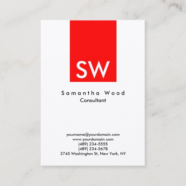 Modern Red White Trendy Special Monogram Business Card (Front)