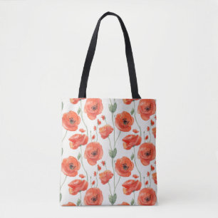 Modern Red White Watercolor Poppy Floral Pattern Tote Bag