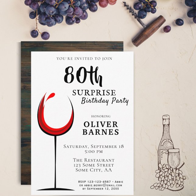 Modern Red Wine 80th Birthday Surprise Party Invitation (Creator Uploaded)