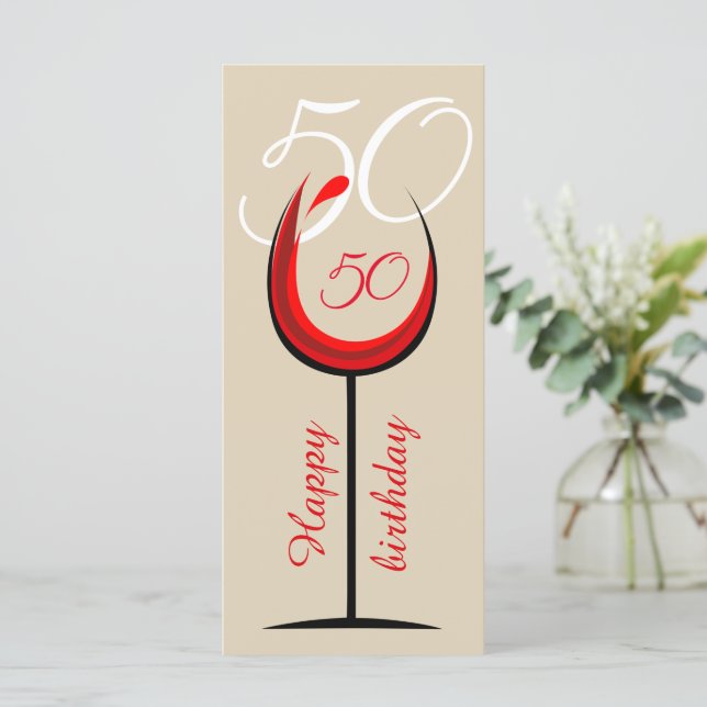 Modern Red Wine Glass Script 50th Birthday  Card (Standing Front)