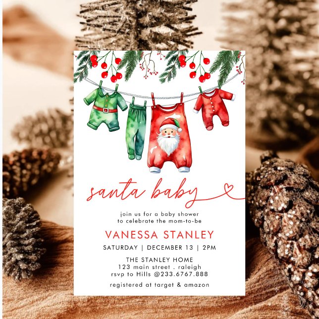 Modern Red Winter Christmas Santa Baby Shower Invitation (Creator Uploaded)