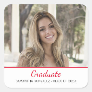 Modern Red With Photo Graduation Square Sticker