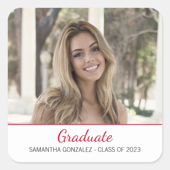 Modern Red With Photo Graduation Square Sticker (Front)