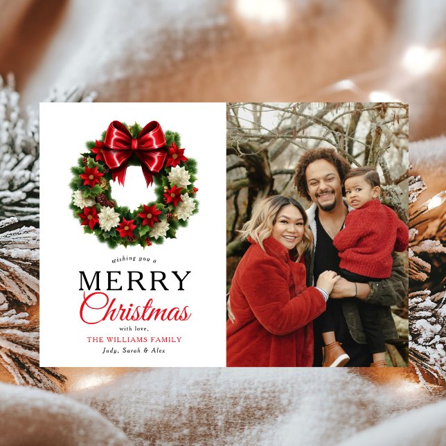 Modern Red Wreath Merry Christmas Photo Holiday Card (Creator Uploaded)