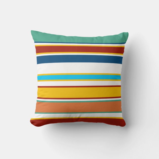 Modern Red Yellow Blue Teal Stripes Beach Cushion (Front)