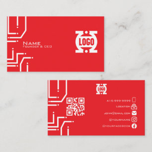 Modern RedTech Circuit Board QR Code Business Card