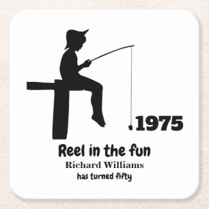 Modern Reel in the Fun Fisherman 50th Birthday Square Paper Coaster