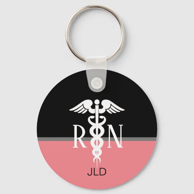 Modern Registered Nurse Caduceus Pink Monogram Key Ring (Front)