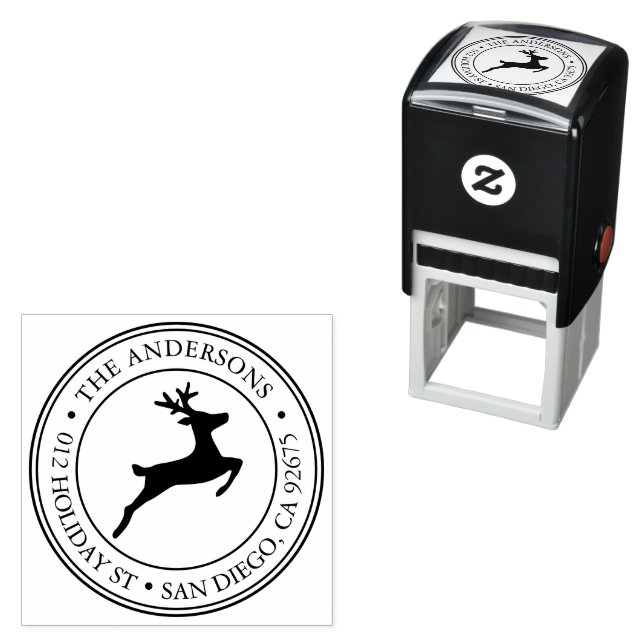 Modern Reindeer Holiday Round Return Address Self-inking Stamp (In Situ)