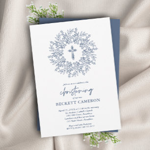 Modern Religious Blue Cross Christening Invitation