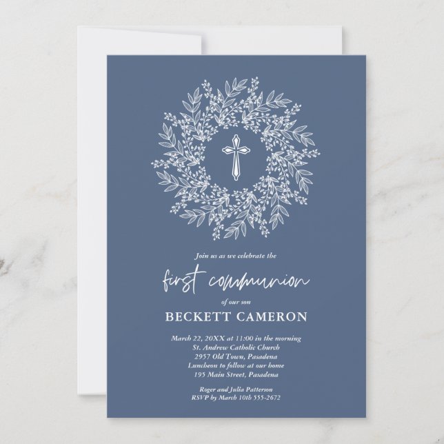 Modern Religious Blue Cross First Communion Invitation (Front)