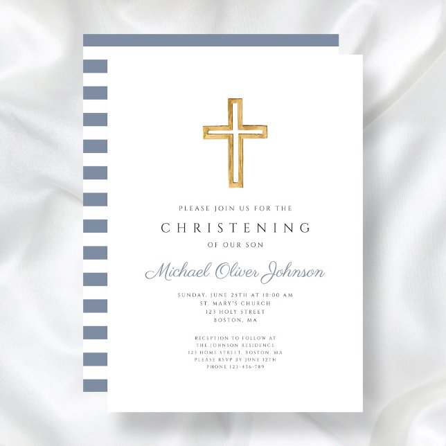 Modern Religious Cross Blue Stripes Christening Invitation (Modern Religious Cross Blue Stripes Christening Invitation)