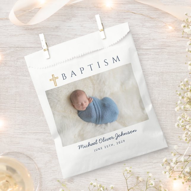 Modern Religious Cross Boy Baptism Photo Favour Bag (Clipped)