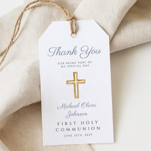 Modern Religious Cross Boy Blue First Communion Gift Tags