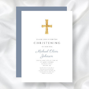 Modern Religious Cross Dusty Blue Christening Invitation