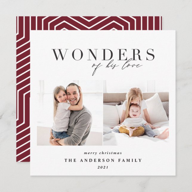 Modern religious red geometric 2 photo Christmas Holiday Card (Front/Back)