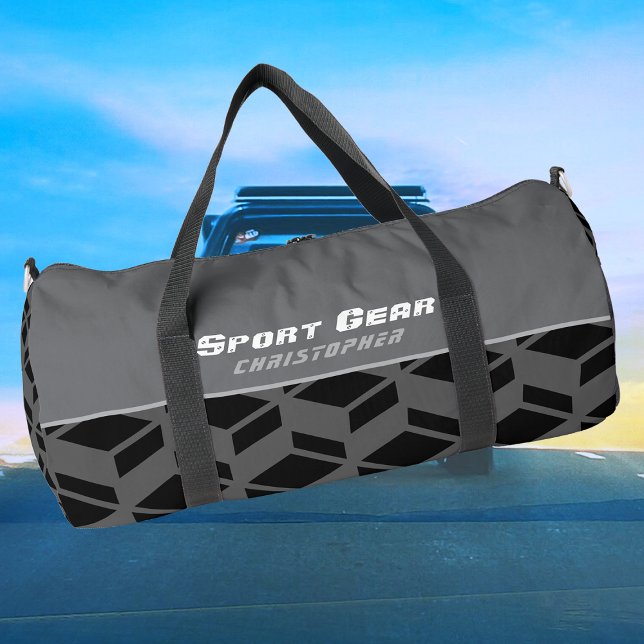 Modern Repeat Pattern Black Grey Duffle Bag (Modern sporting personalized duffel bag.)