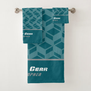 Modern Repeat Pattern Dark Teal Bath Towel Set