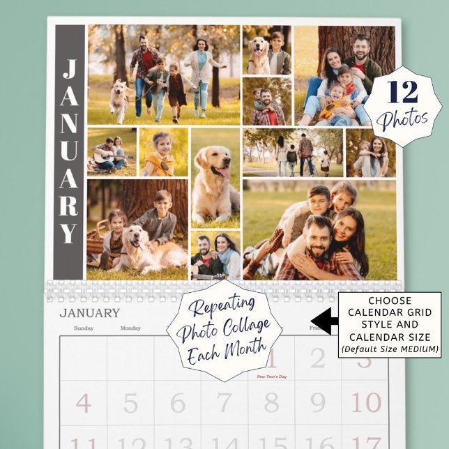 Modern Repeating 12 Photo Collage Custom Colour Calendar (Creator Uploaded)