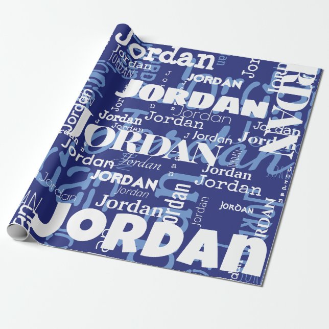 Modern Repeating Name Blue White Font Pattern  Wrapping Paper (Unrolled)