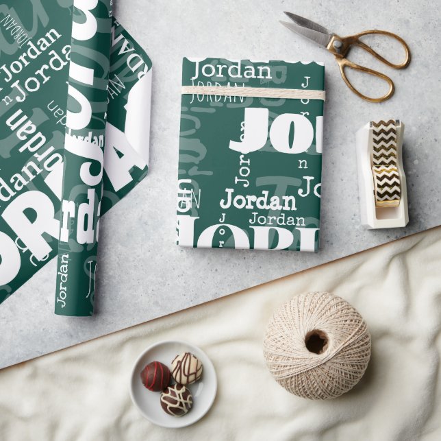 Modern Repeating Name Pattern Emerald Green White Wrapping Paper (Crafts)