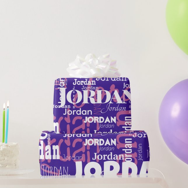 Modern Repeating Name Purple Pink White Wrapping Paper (Party Gifts)