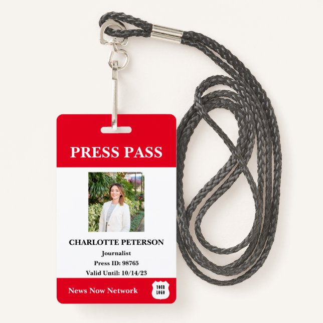 Modern Reporter Press Pass ID Badge (Front with Lanyard)