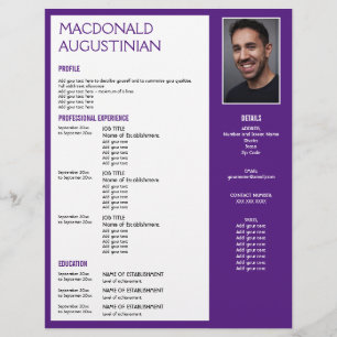 Modern RESUME TEMPLATE Customisable Photo PURPLE Custom Letterhead