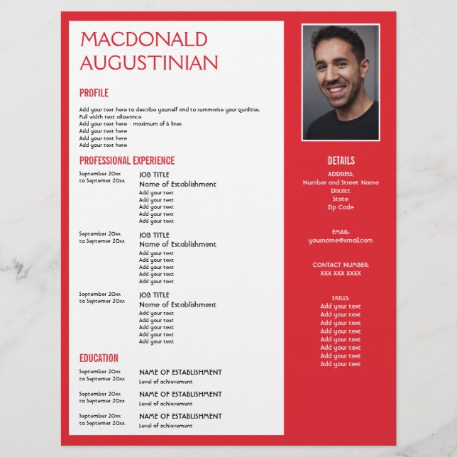 Modern RESUME TEMPLATE Customisable Photo RED Custom Letterhead (Front)