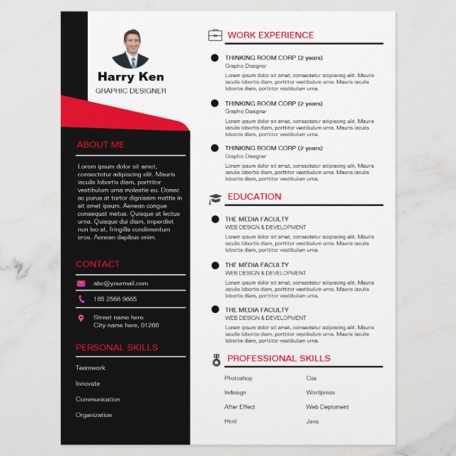 Modern Resume Template Customisable Photo RED CV Custom Letterhead (Front)