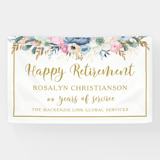 Modern Retirement Elegant Script Gold Floral Banner (Horizontal)