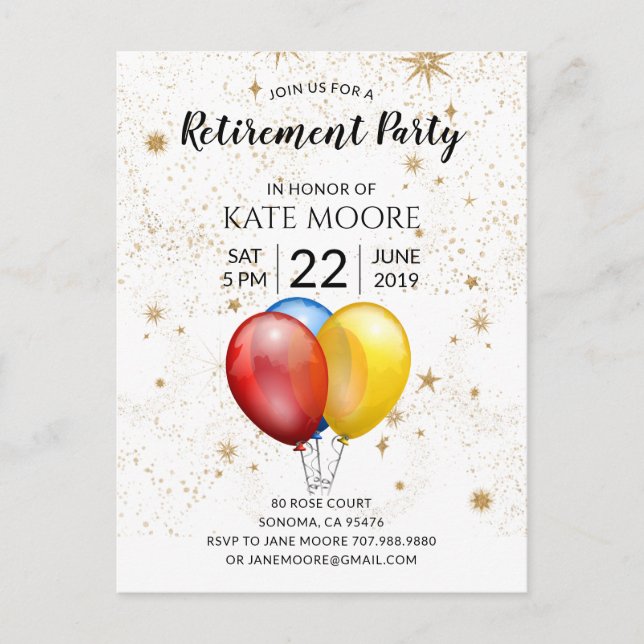 Modern Retirement Party Balloons Star Confetti Announcement Postcard (Front)