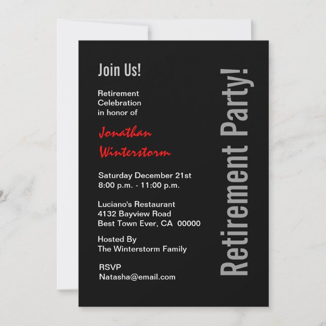 Modern RETIREMENT PARTY  Black White Red Template (Front)