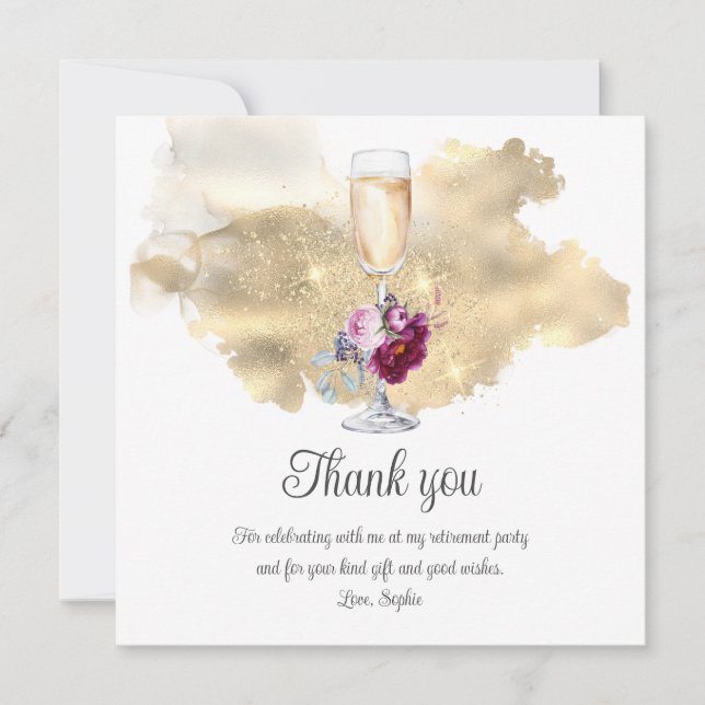 Modern Retirement Party Champagne Glitter Floral Thank You Card (Front)