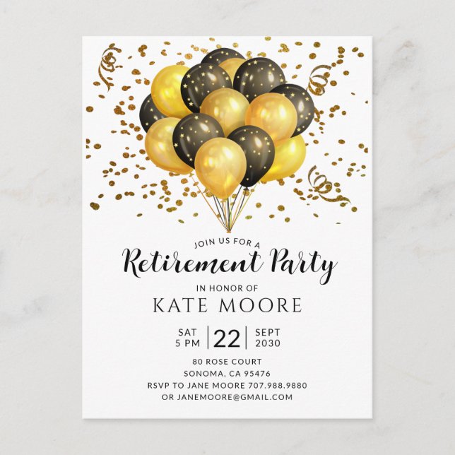 Modern Retirement Party Gold Black Balloons Announcement Postcard (Front)