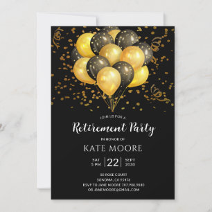 Modern Retirement Party Gold Black Balloons Black Invitation