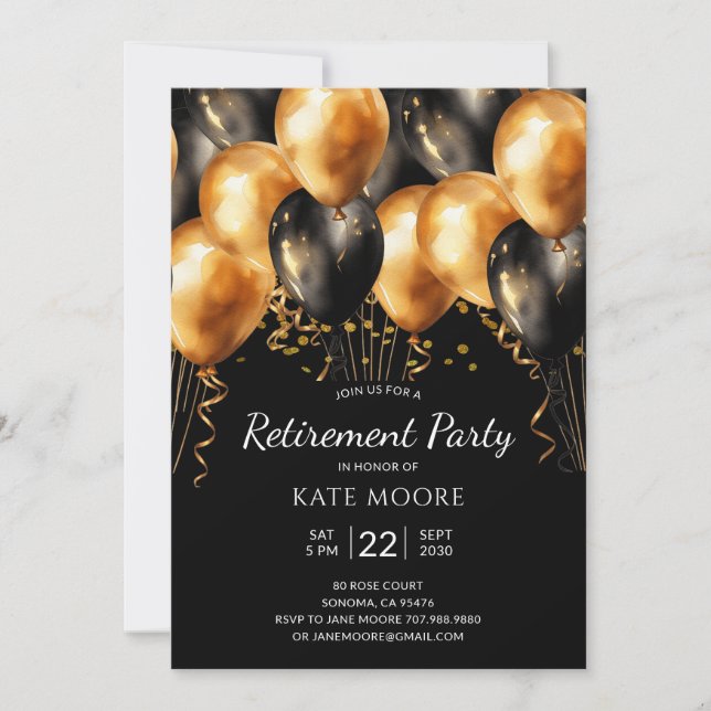 Modern Retirement Party Gold Black Balloons Black Invitation (Front)
