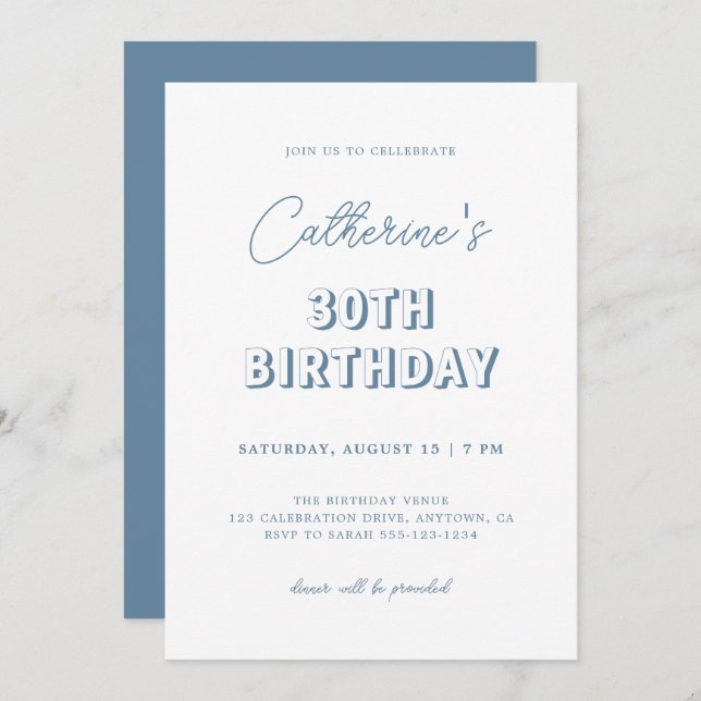 Modern Retro 30th Birthday Party Dusty Blue Invitation (Front/Back)