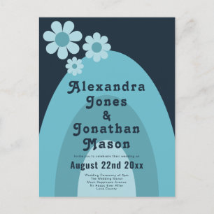 Modern Retro 70s Bold Blue Wedding Invitation Postcard