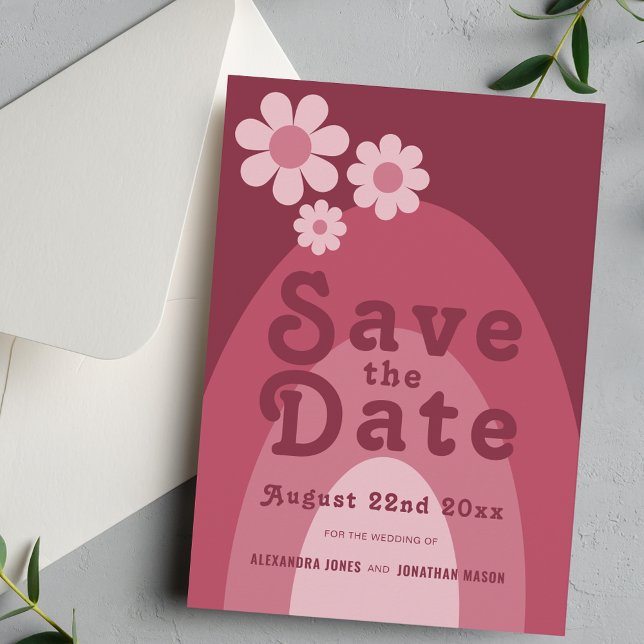 Modern Retro 70s Burgundy Pink Wedding Save The Date (Retro daisy arch burgundy blush pink wedding save the date invitation)