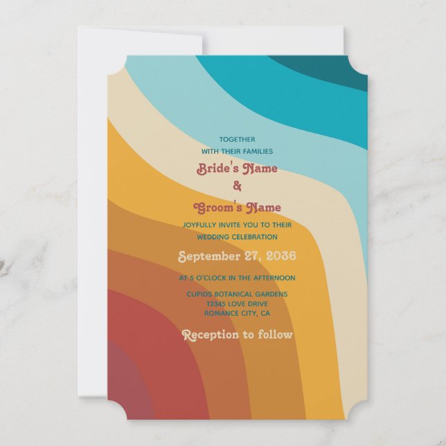 Modern Retro 70's Colourful Rainbow Waves Wedding Invitation (Front)