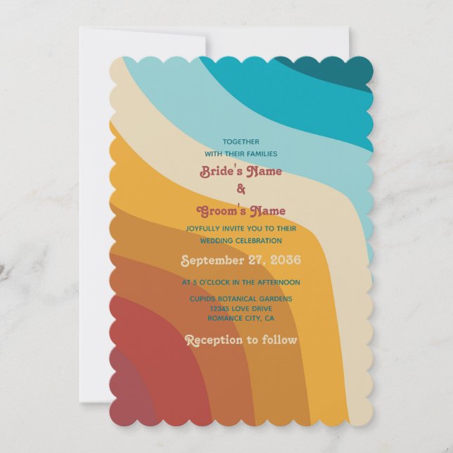 Modern Retro 70's Colourful Rainbow Waves Wedding Invitation (Front)