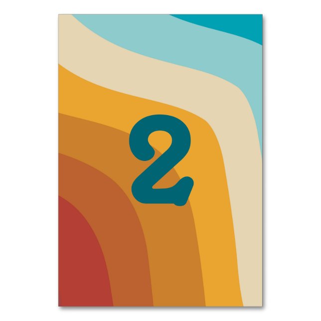 Modern Retro 70's Colourful Rainbow Waves Wedding  Table Number (Front)