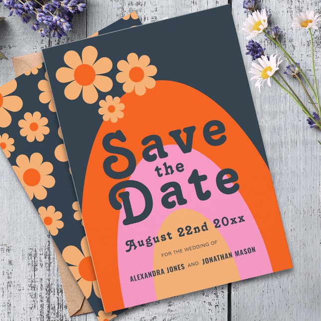 Modern Retro 70s Daisy Wedding Save The Date (Modern retro daisy arch wedding save the date with groovy 70s vintage typography )