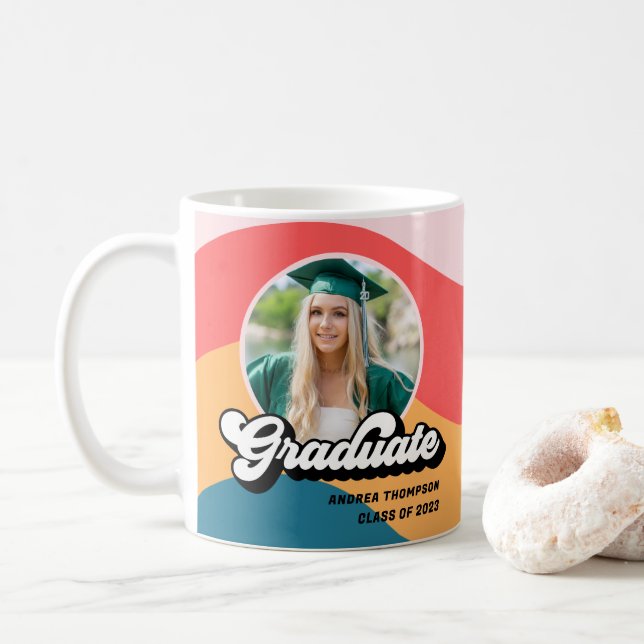 Modern Retro 70s Groovy Graduation Photo Gift Coffee Mug (With Donut)