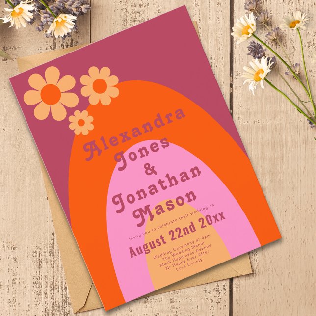 Modern Retro 70s Groovy Wedding Invitation Postcard (Modern retro daisy arch groovy typography orange pink budget wedding invitation postcard)