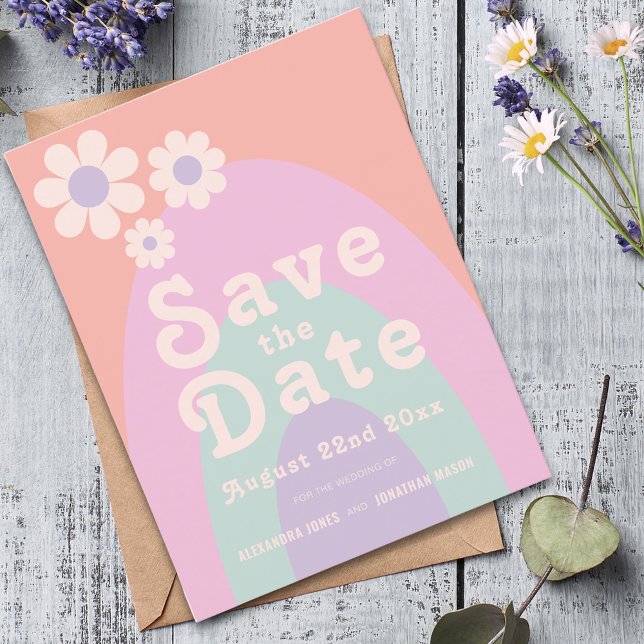 Modern Retro 70s Pastel Wedding Invitation Postcard (Retro daisy arch groovy typography pastel wedding save the date budget postcard invitation )