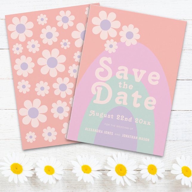 Modern Retro 70s Pastel Wedding Save The Date (Retro daisy arch groovy wedding save the date invitation )