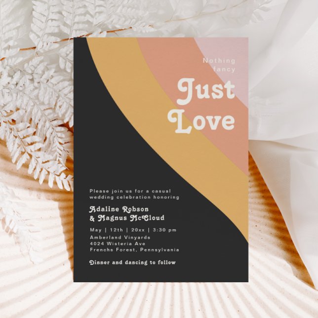 Modern Retro 70's Rainbow Dark Just Love Wedding Invitation (Creator Uploaded)